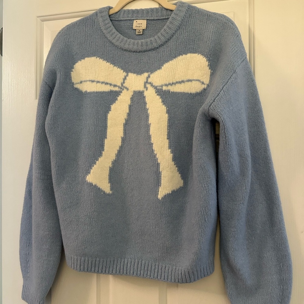 a new day Blue and White Crew Neck Sweater with Bow Detail